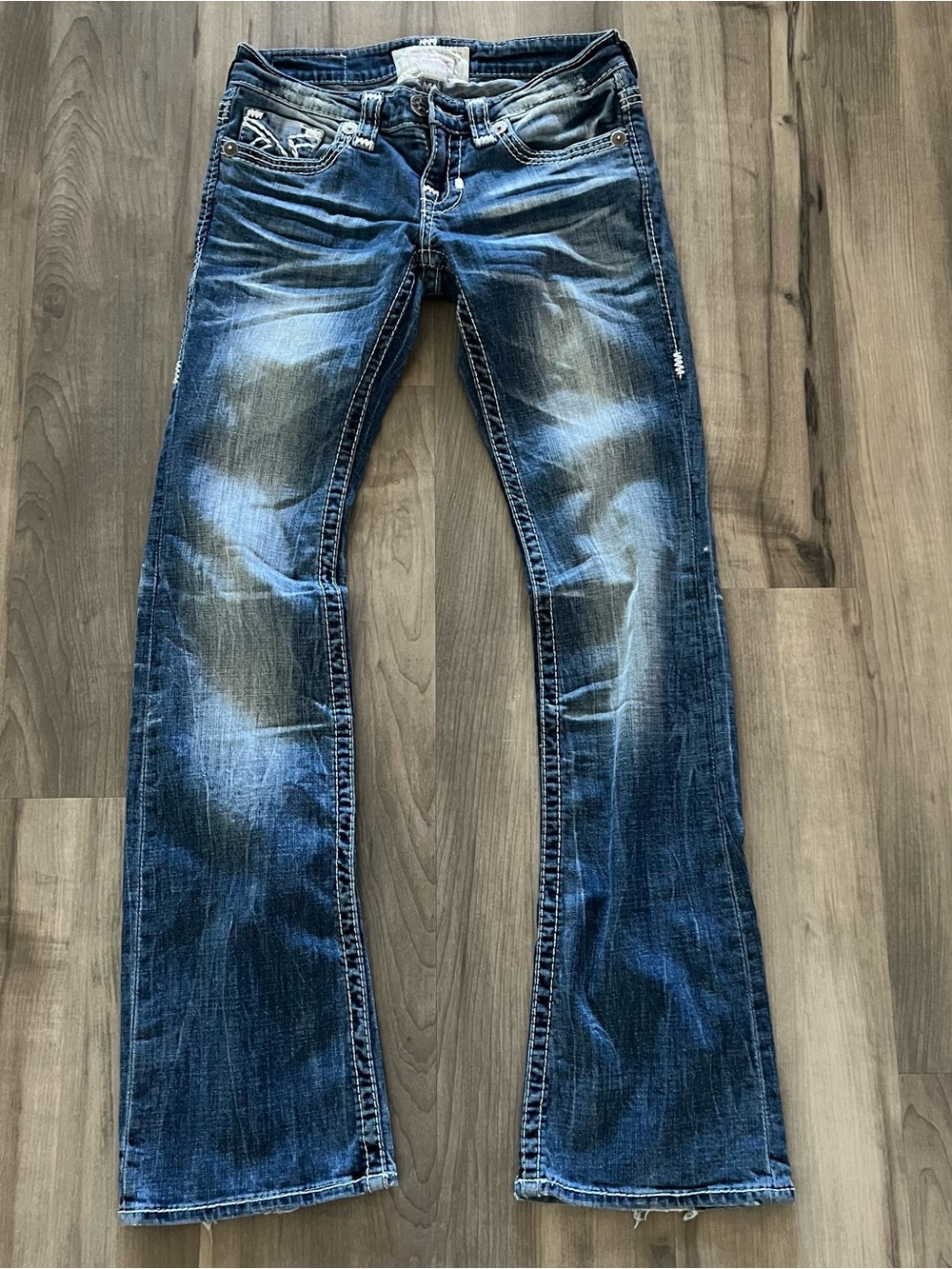 VTG Y2K Big Star Low Rise Boot Cut Jeans 26L Embroidered Pockets Distressed